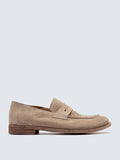 Beige suede-effect leather seen at an angle showing the toe