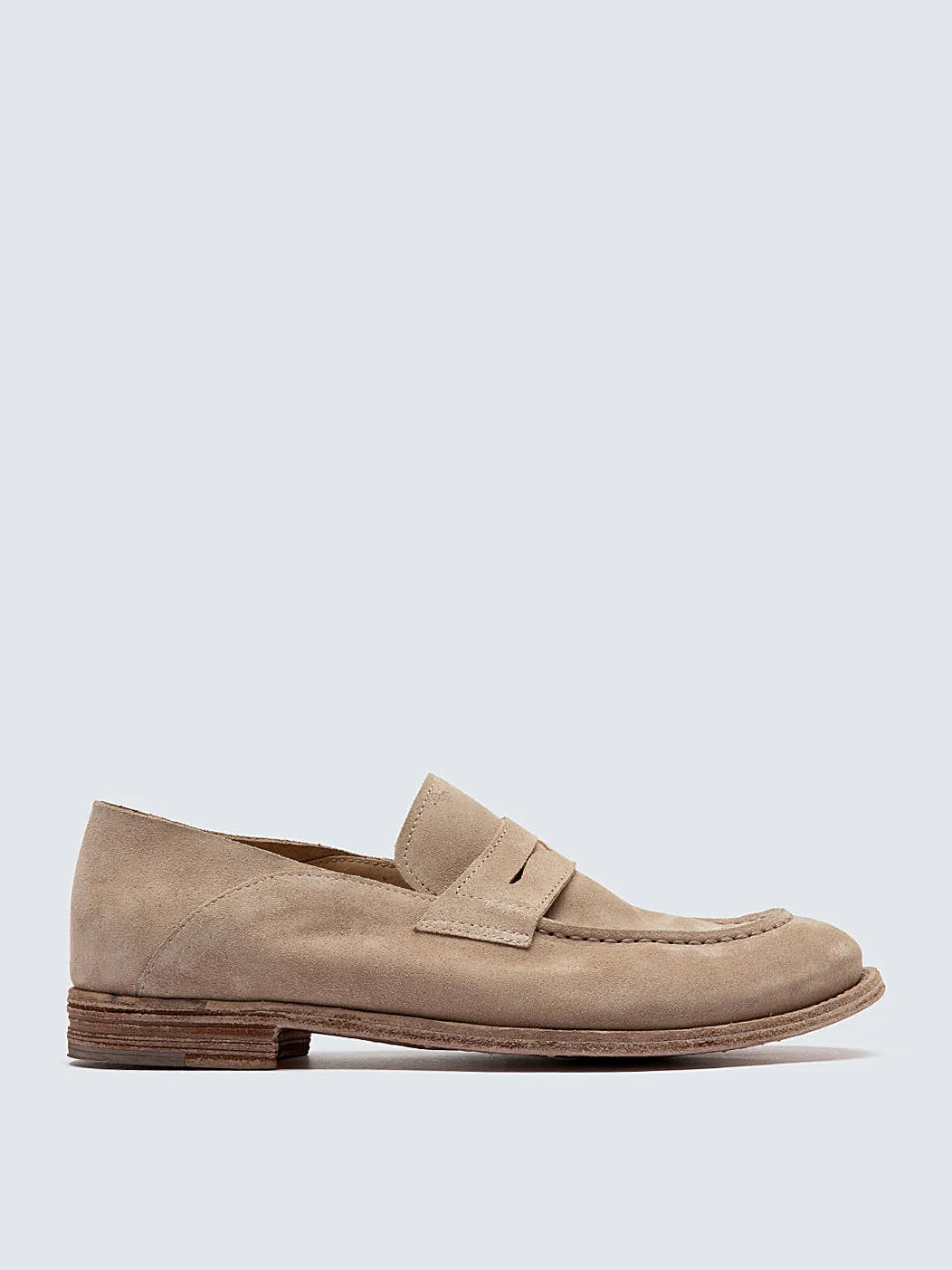 Beige suede-effect leather seen at an angle showing the toe
