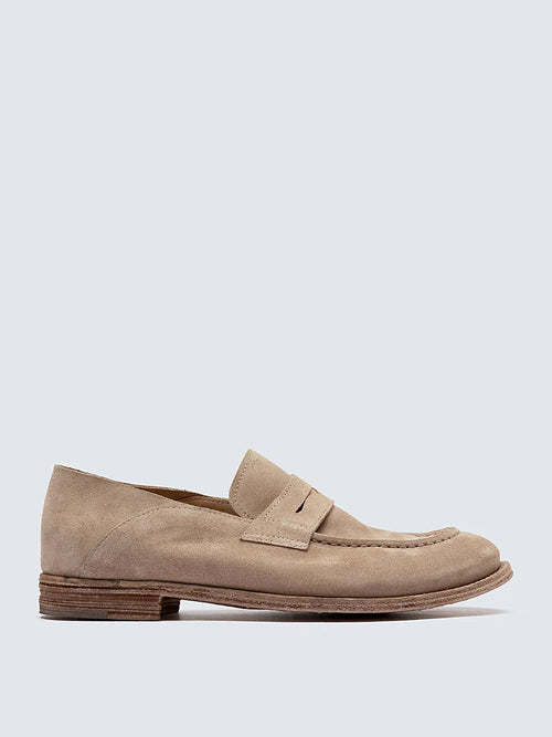 Beige suede-effect leather seen at an angle showing the toe