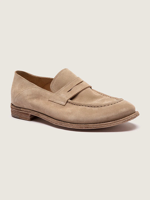 Beige suede-effect leather viewed from above showing the opening