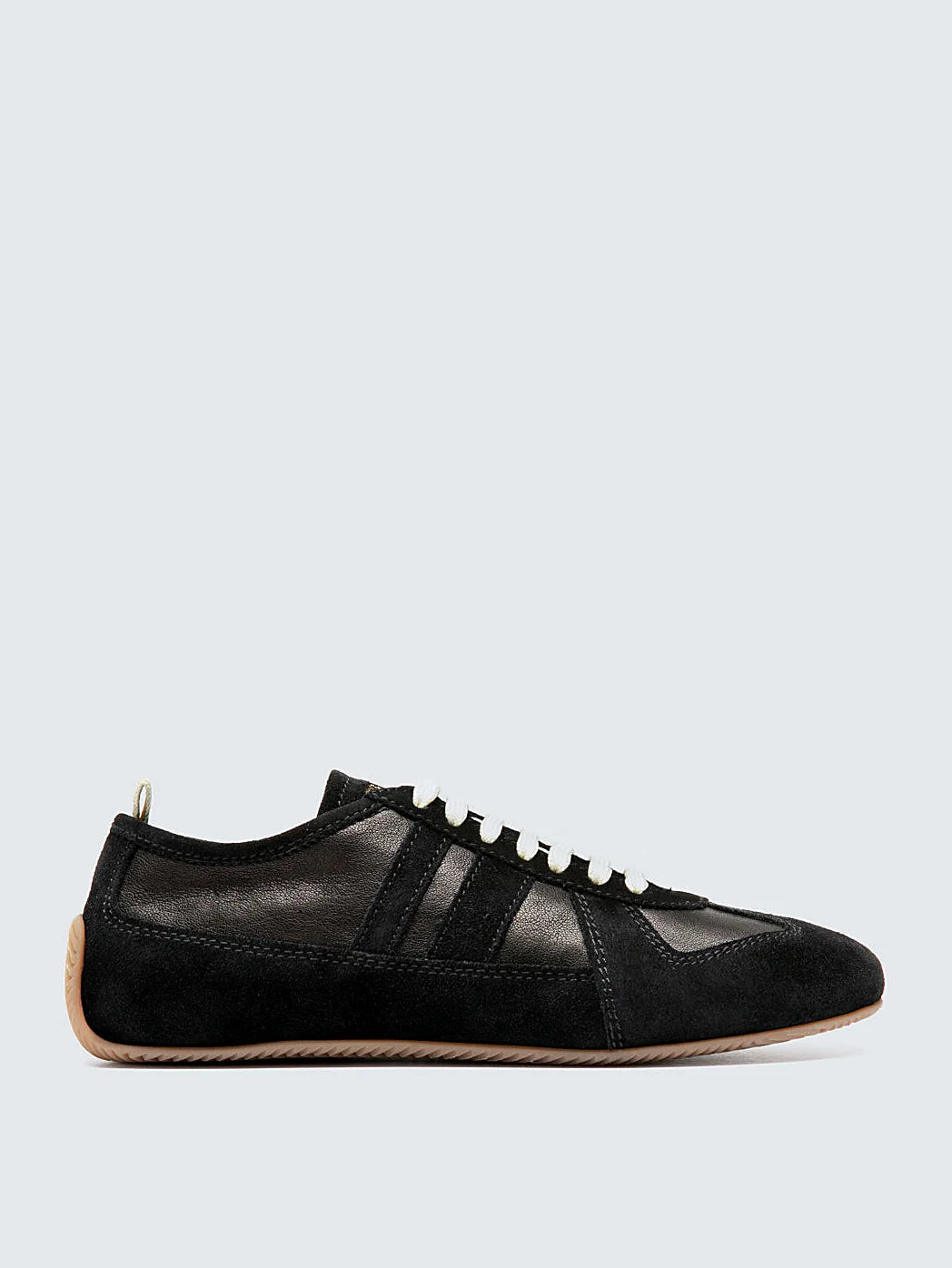 Black sneakers white-laced close view of the heel and sole edge