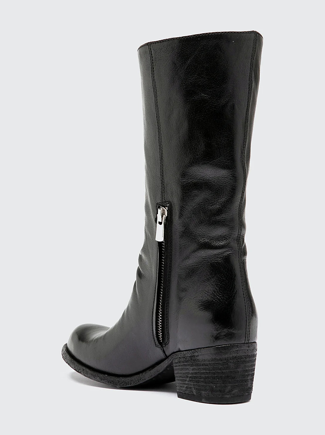 Black stacked heel front view showing the shape of the toe