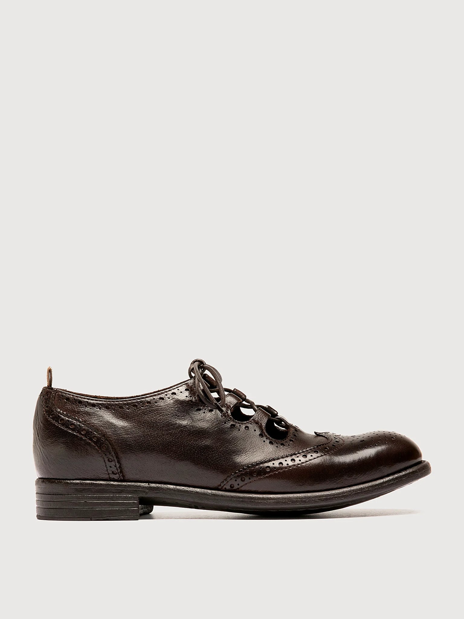 Brown open lacing close view of the heel and sole edge