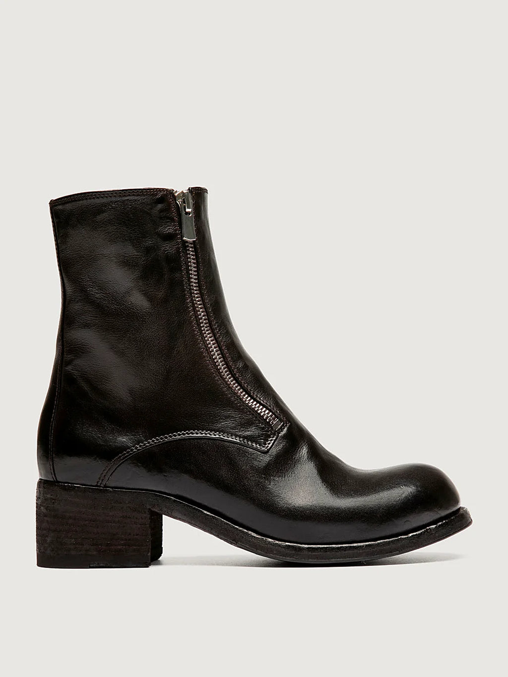 Brown leather sole front view showing the shape of the toe