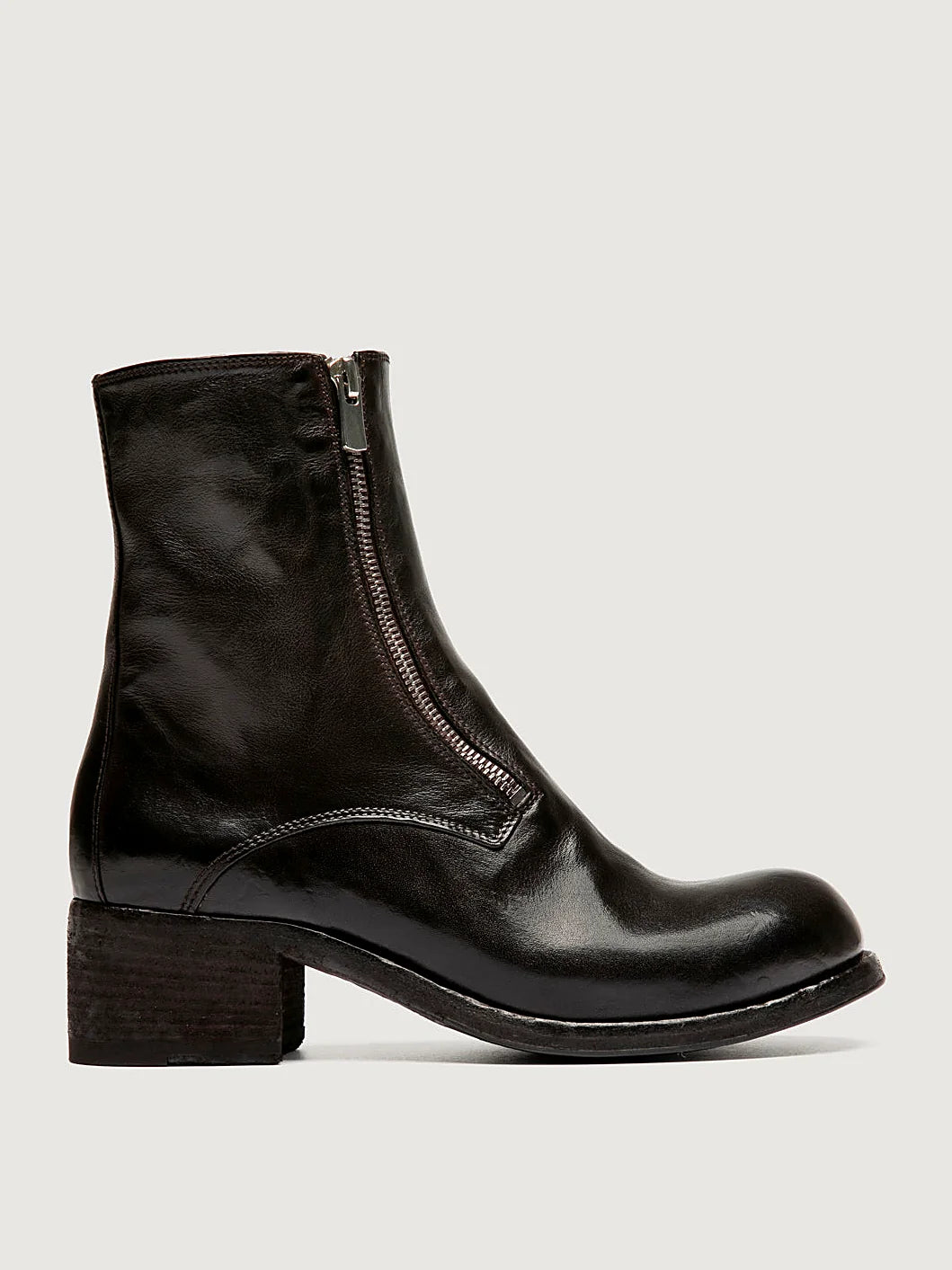 Brown leather sole front view showing the shape of the toe