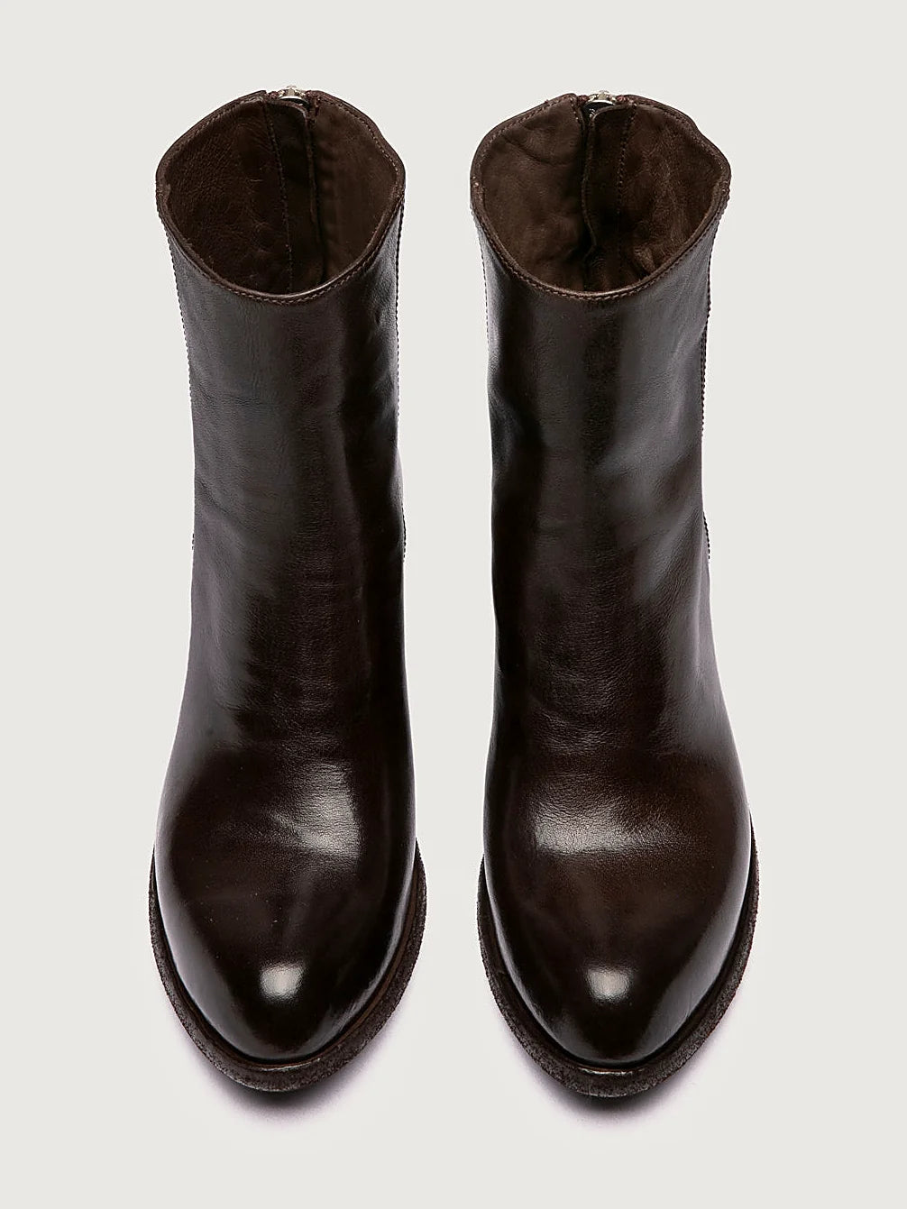 Brown stacked heel front view showing the shape of the toe