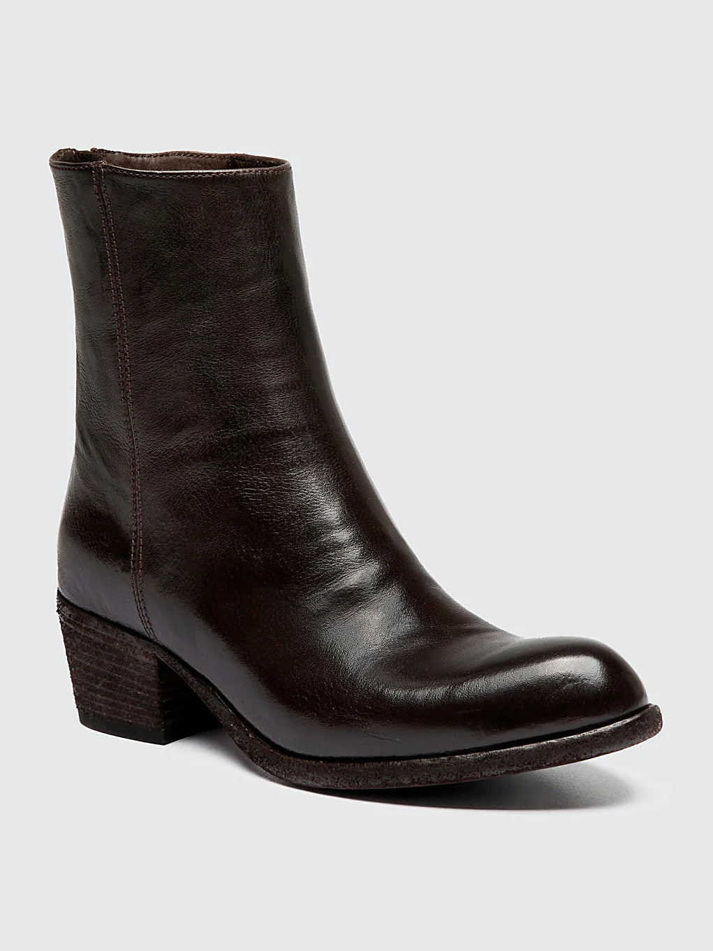 Brown stacked heel detail of the stitching and upper