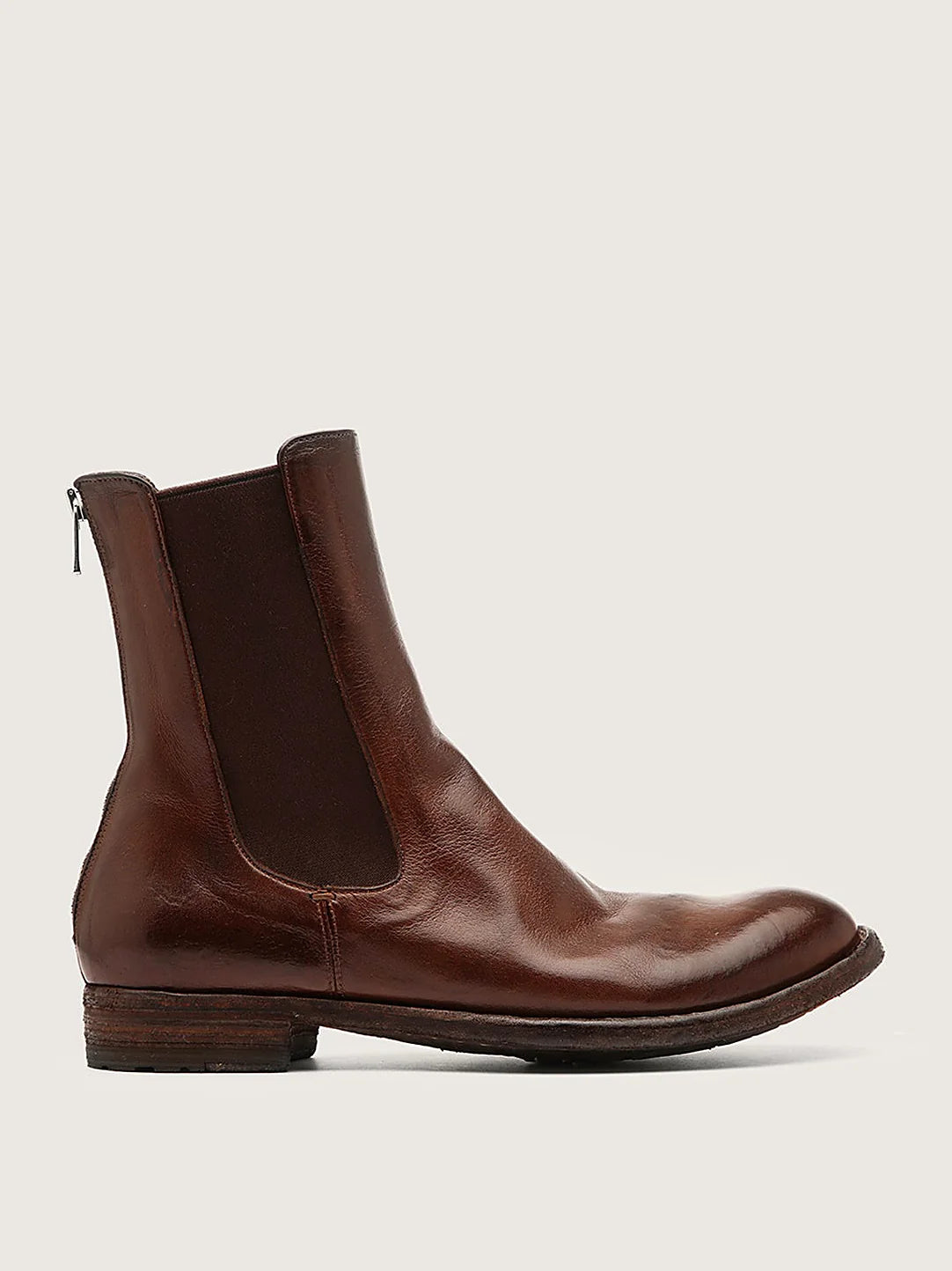 Brown zip entry seen at an angle showing the toe