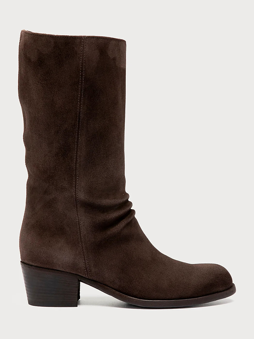 Brown side zip shown from the side on a plain background