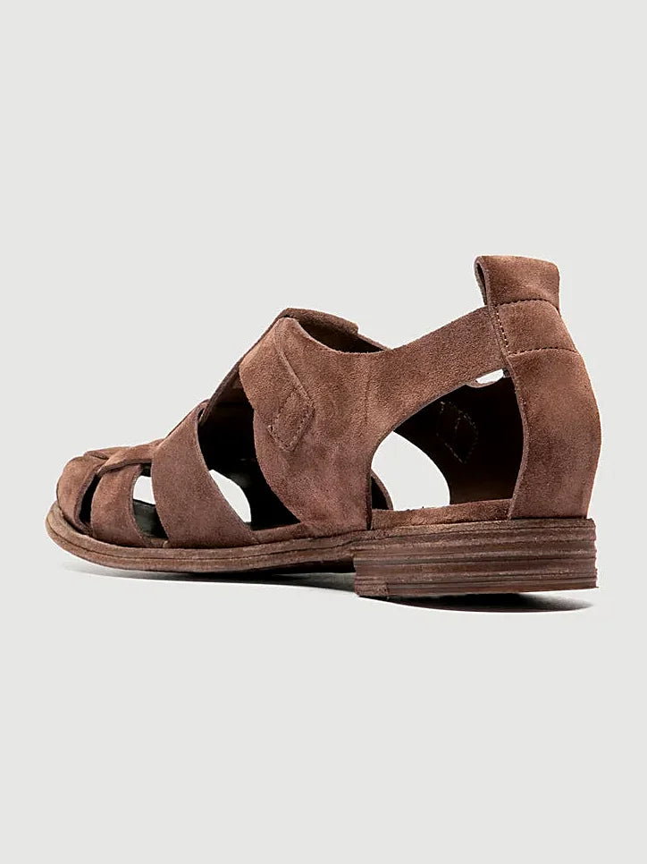 Brown sandals hand-built seen at an angle showing the toe