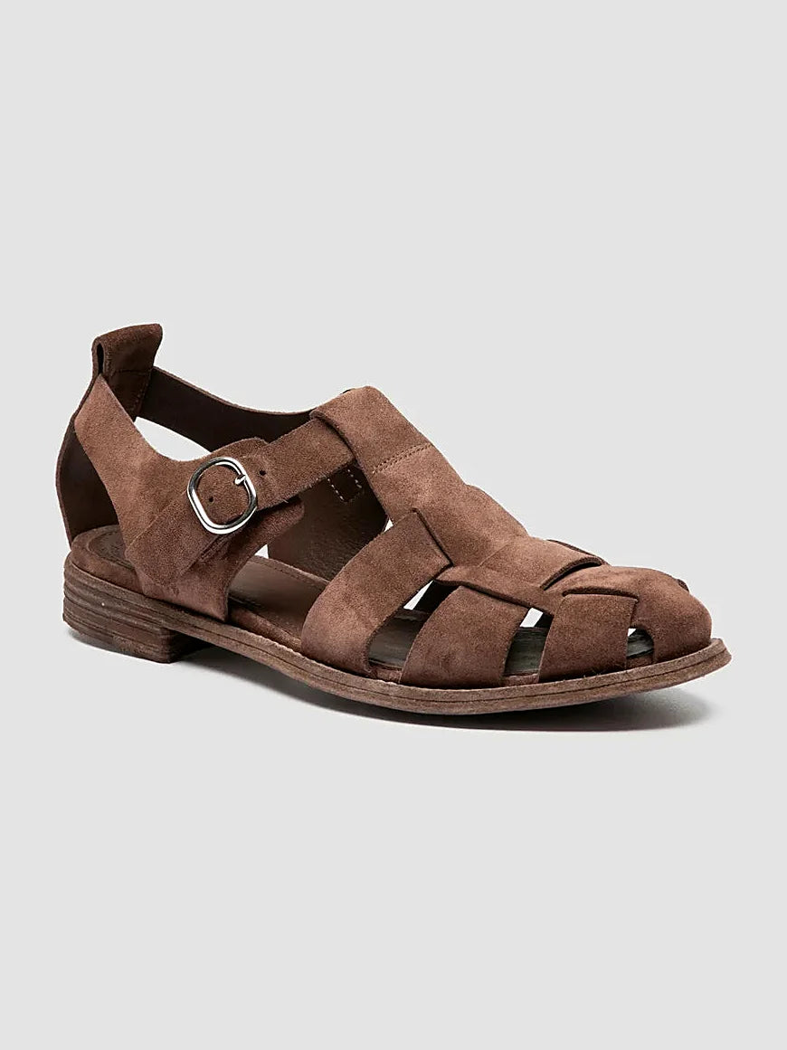 Brown sandals hand-built shown from the side on a plain background
