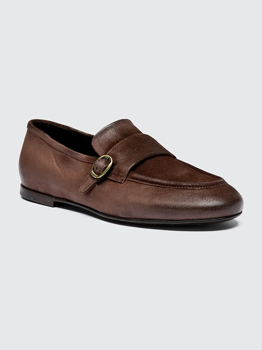 Brown side buckle front view showing the shape of the toe