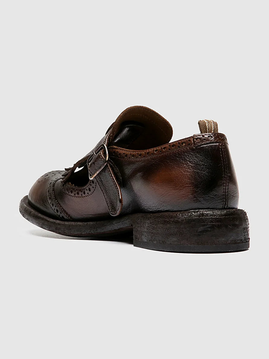 Brown block heel viewed from above showing the opening