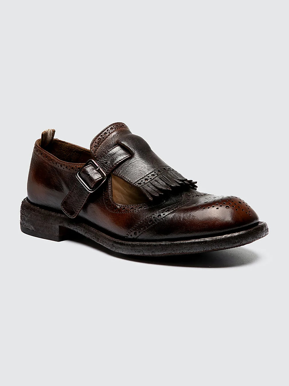 Brown block heel seen at an angle showing the toe