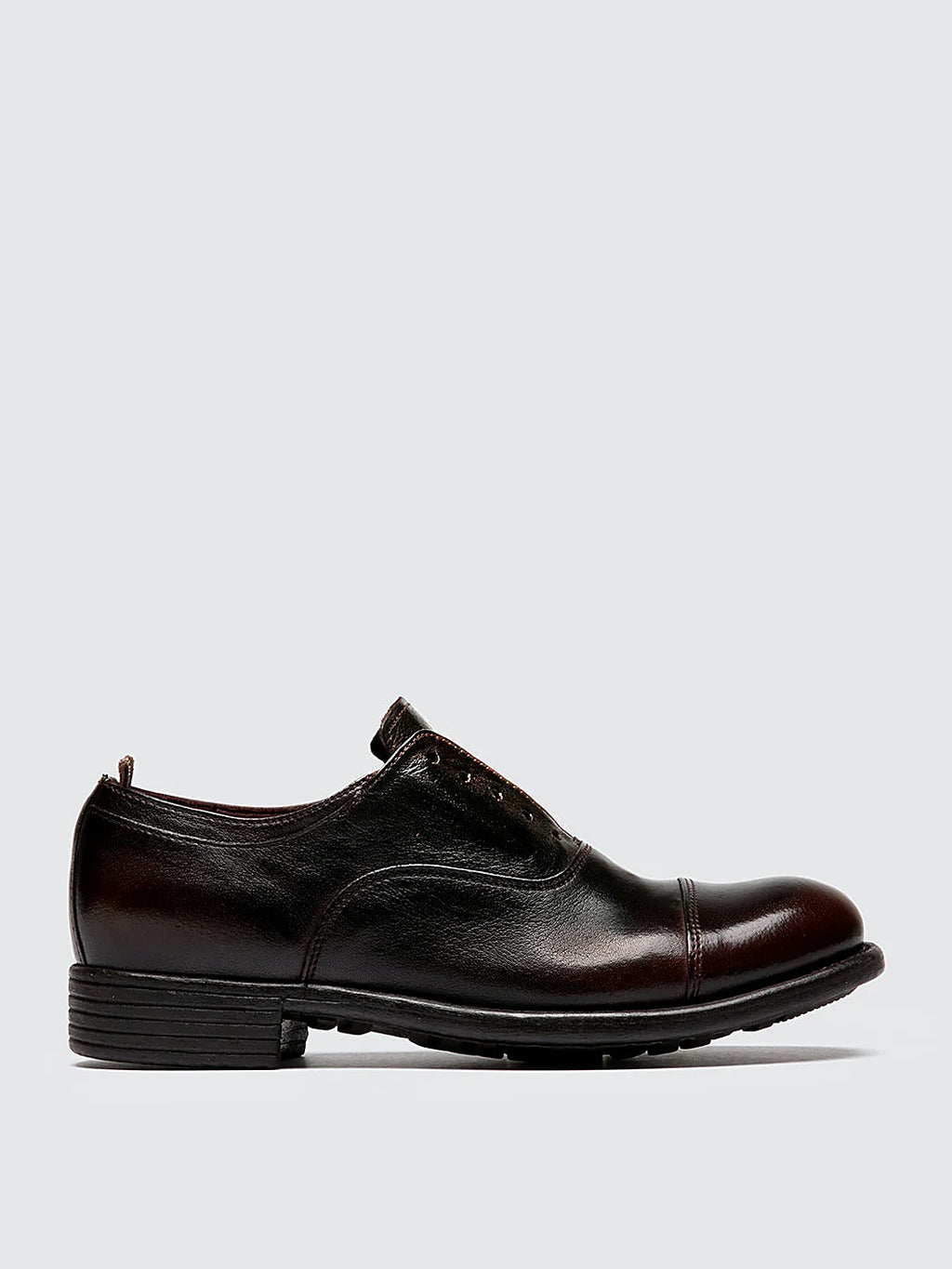 Brown oxford shoes seen at an angle showing the toe