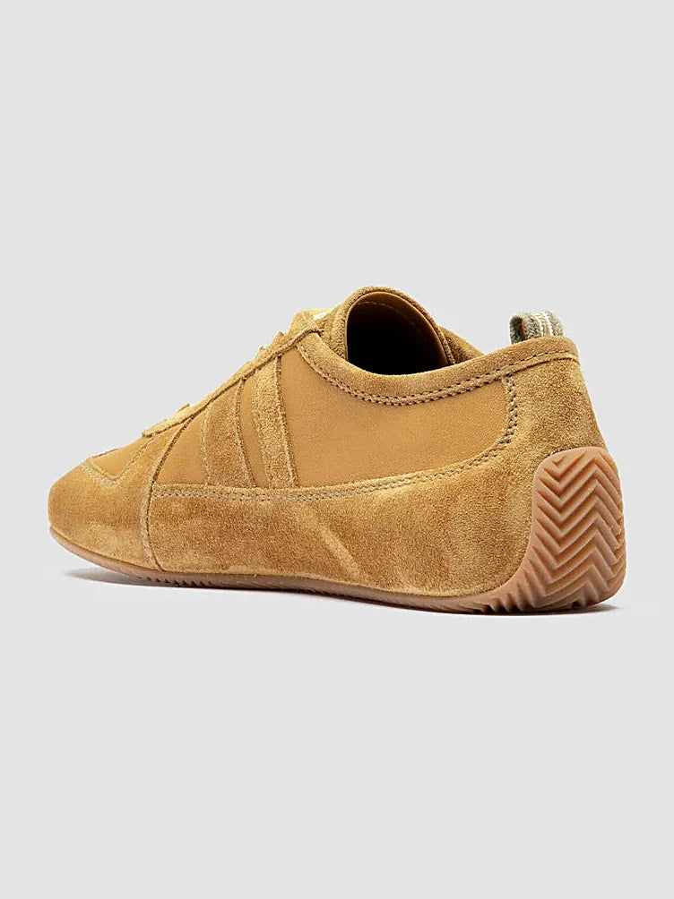 Beige tonal suede front view showing the shape of the toe