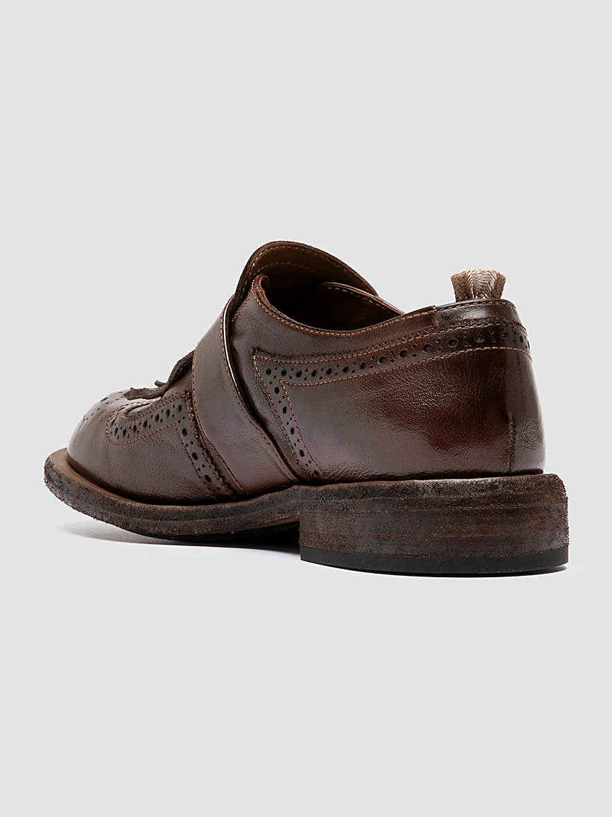 Brown and buckle front view showing the shape of the toe