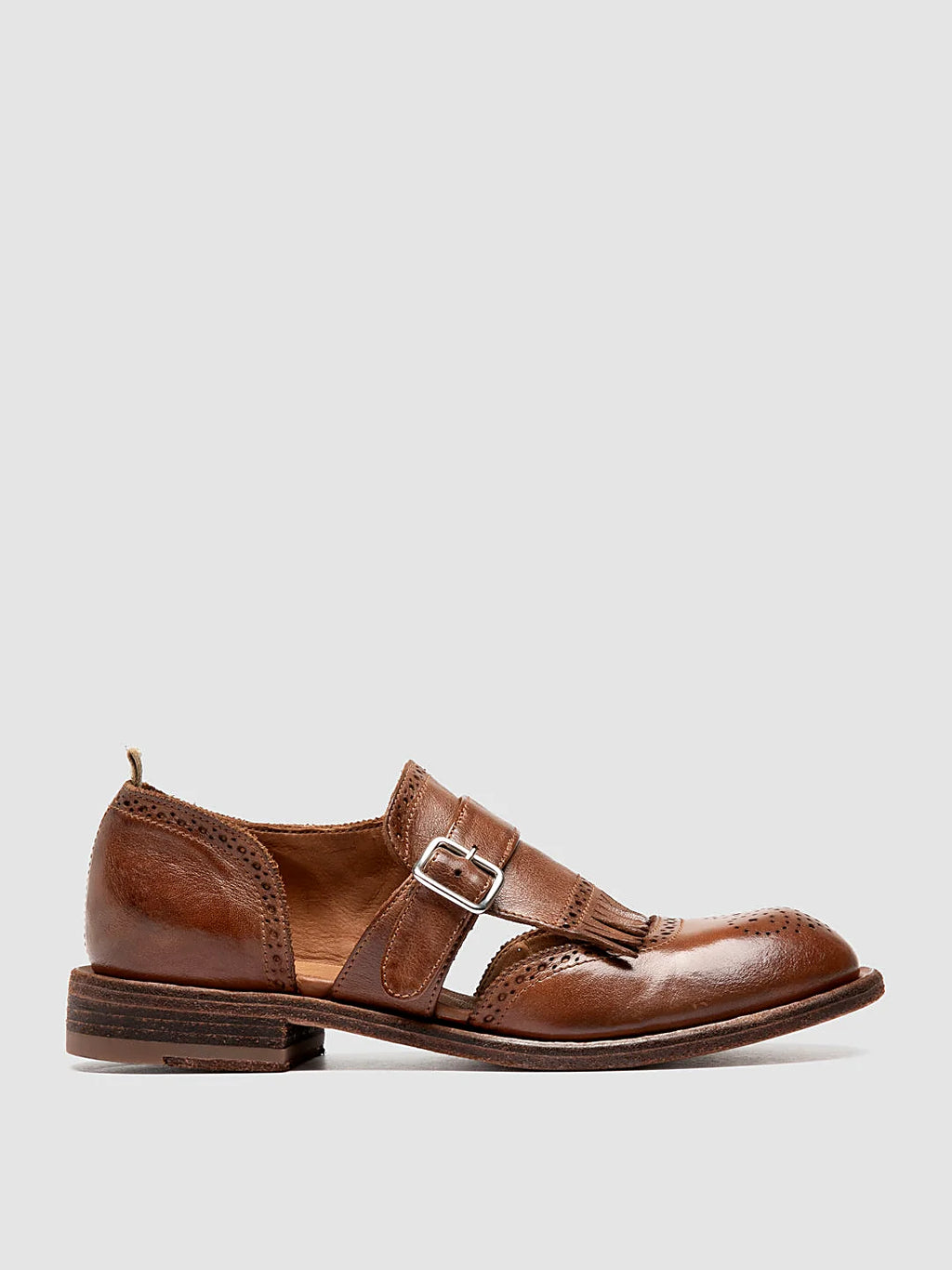 Brown brown leather seen at an angle showing the toe