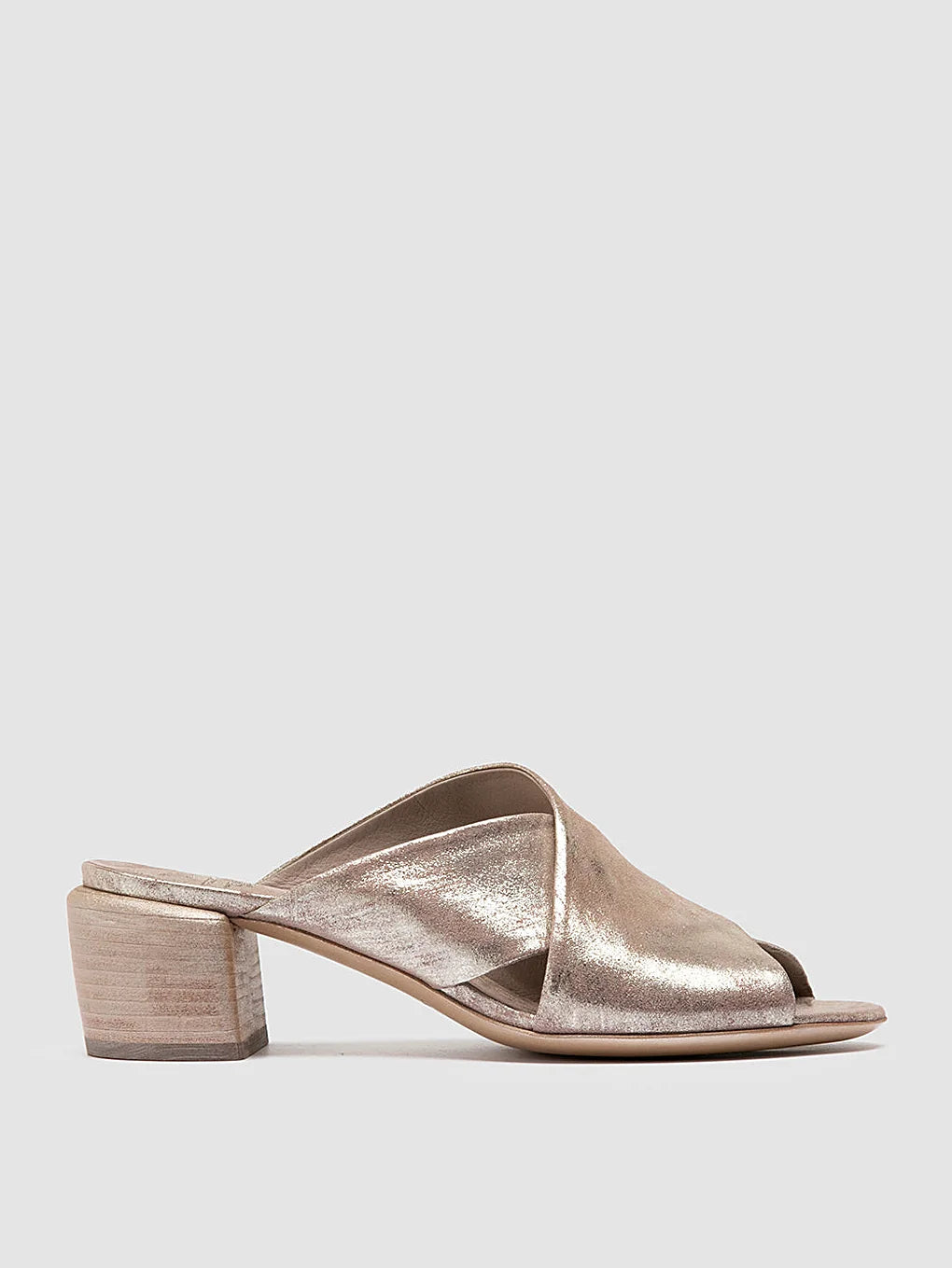 Neutral stacked heel front view showing the shape of the toe