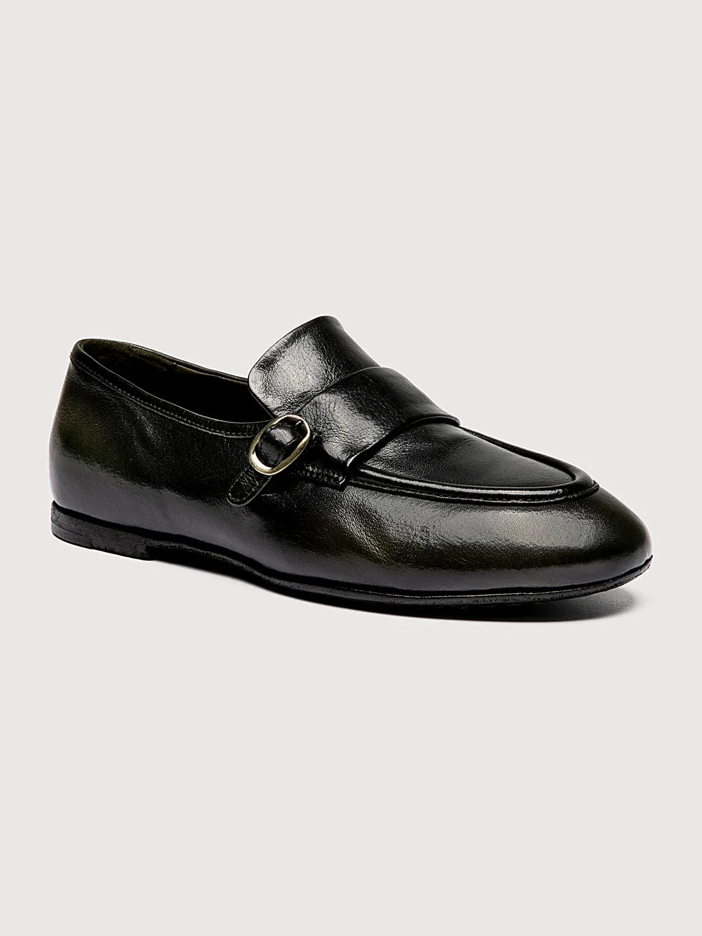 Green leather loafers close view of the heel and sole edge