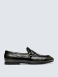 Green leather loafers viewed from above showing the opening