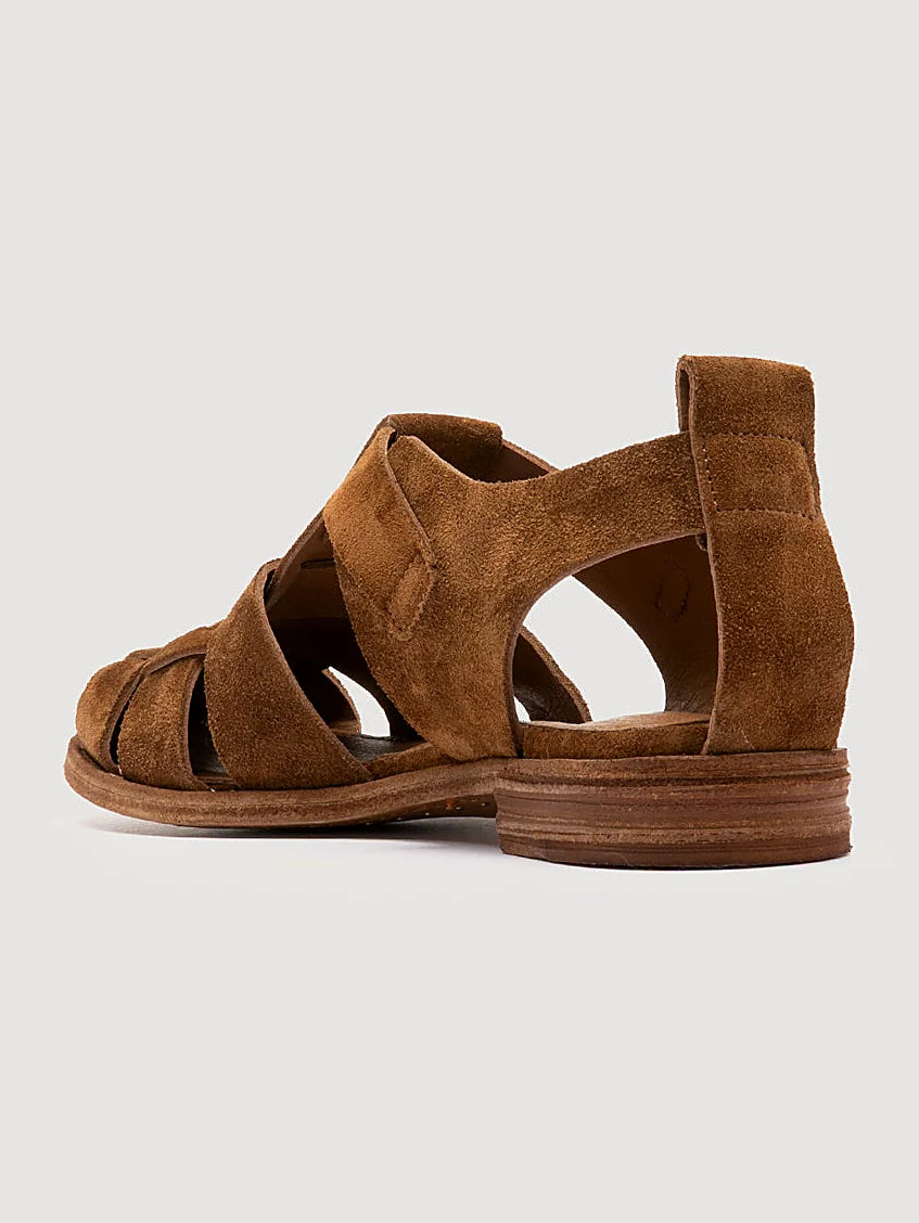Brown suede sandals shown from the side on a plain background