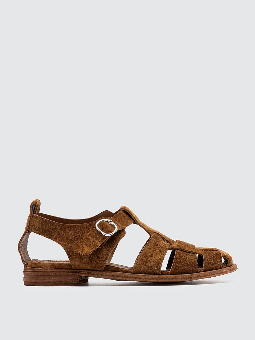 Brown suede sandals pair arranged together on a neutral ground