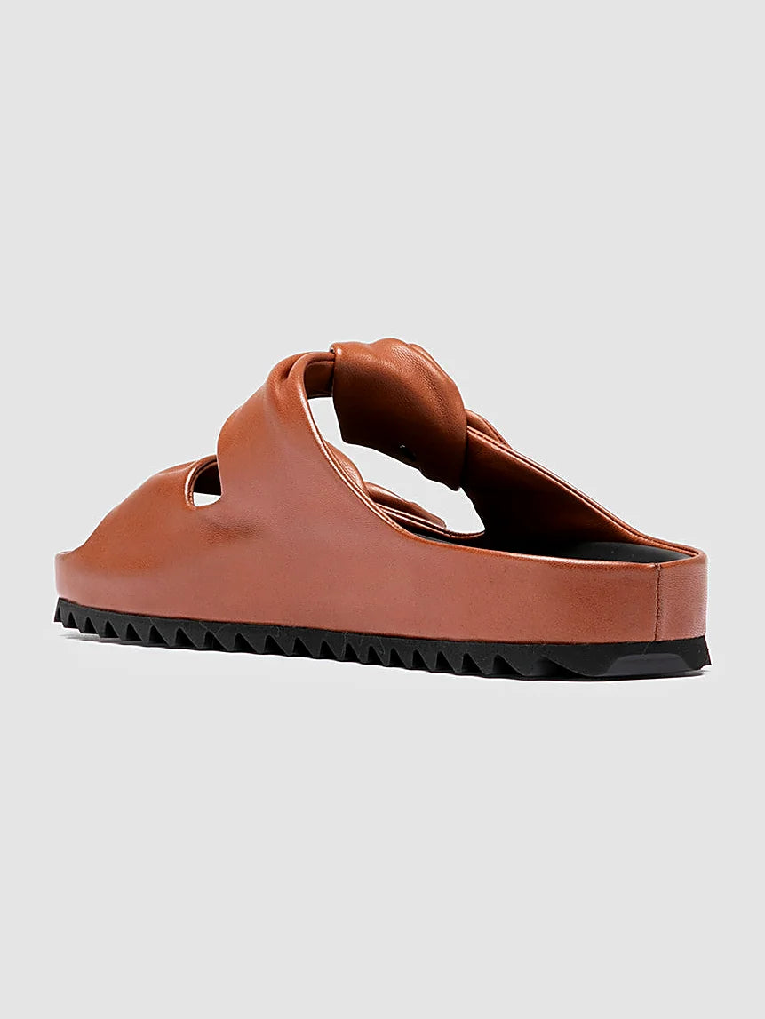 Brown slide sandals detail of the stitching and upper