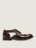 Brown derby shoes viewed from above showing the opening