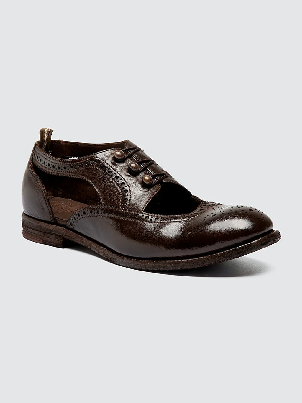 Brown derby shoes close view of the heel and sole edge