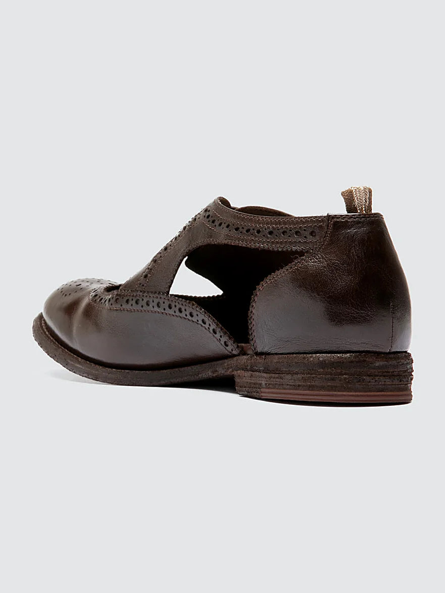 Brown derby shoes front view showing the shape of the toe