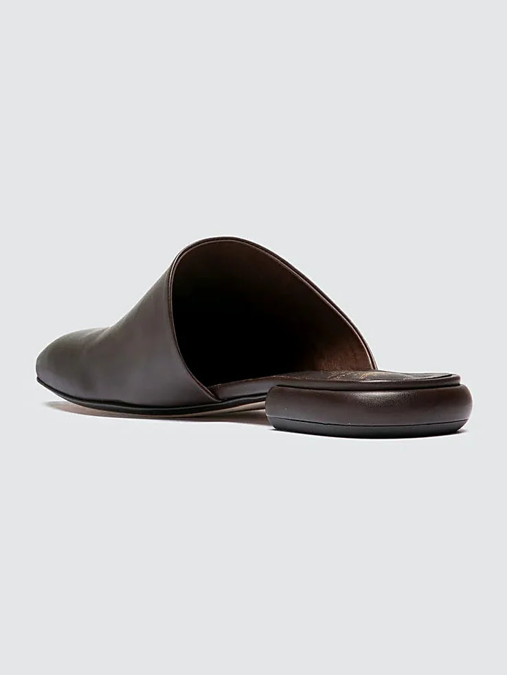 Brown sculpted heel seen at an angle showing the toe