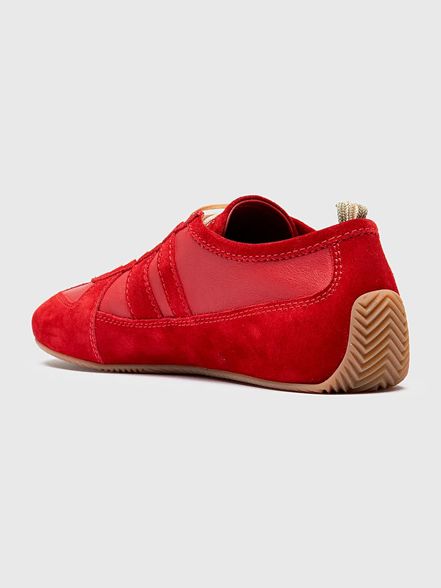 Red leather inserts close view of the heel and sole edge