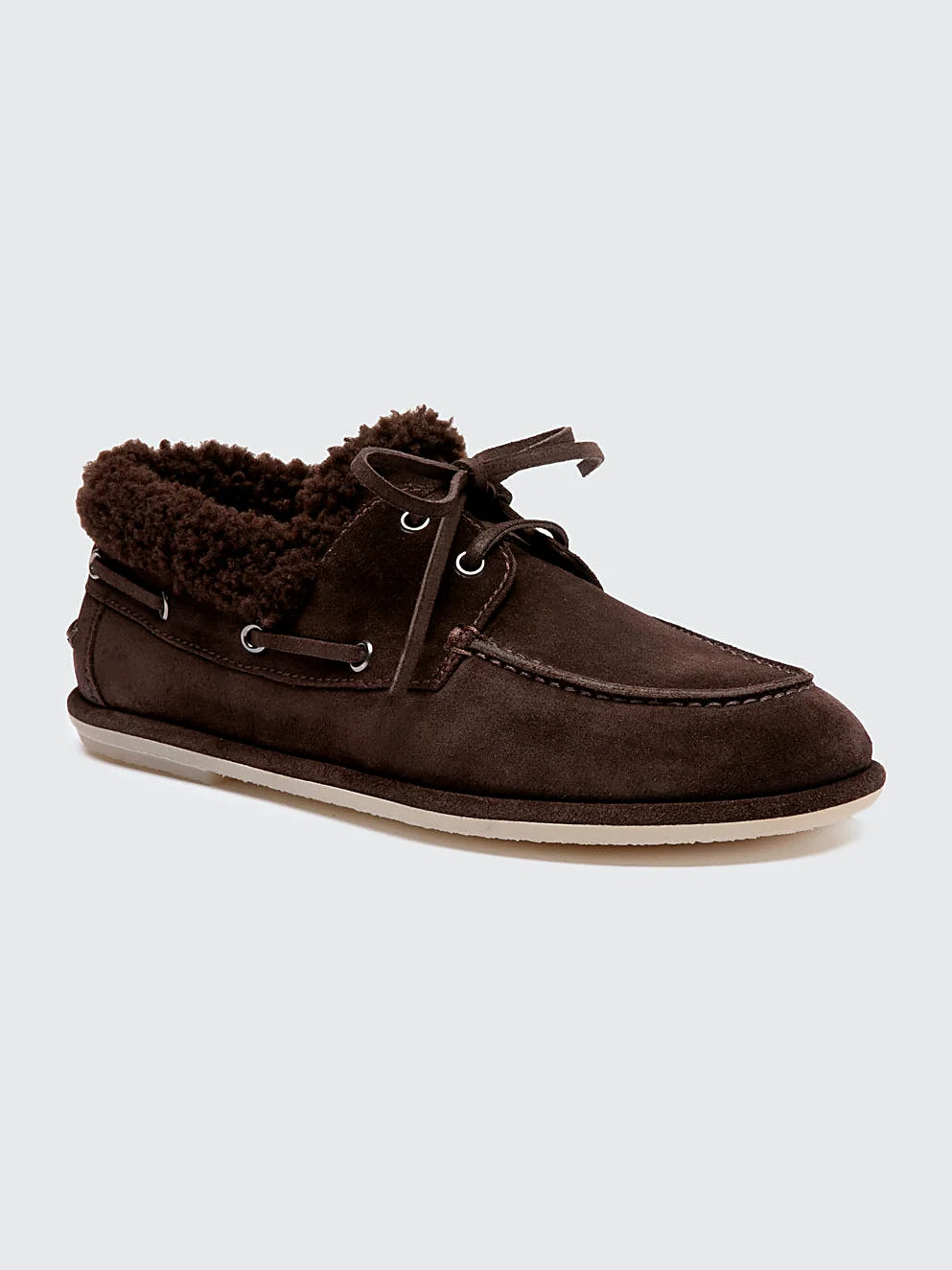 Brown boat shoes close view of the heel and sole edge