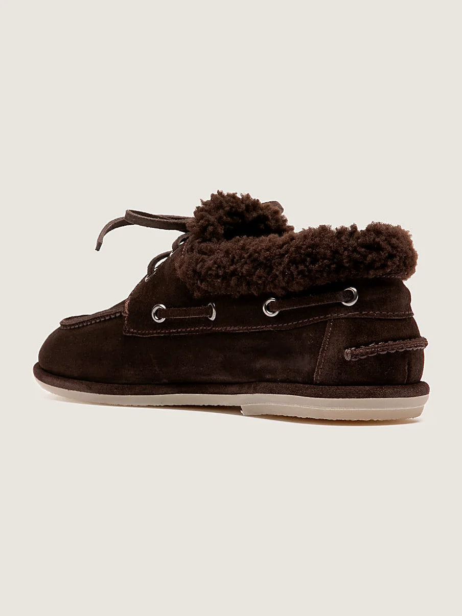 Brown boat shoes front view showing the shape of the toe