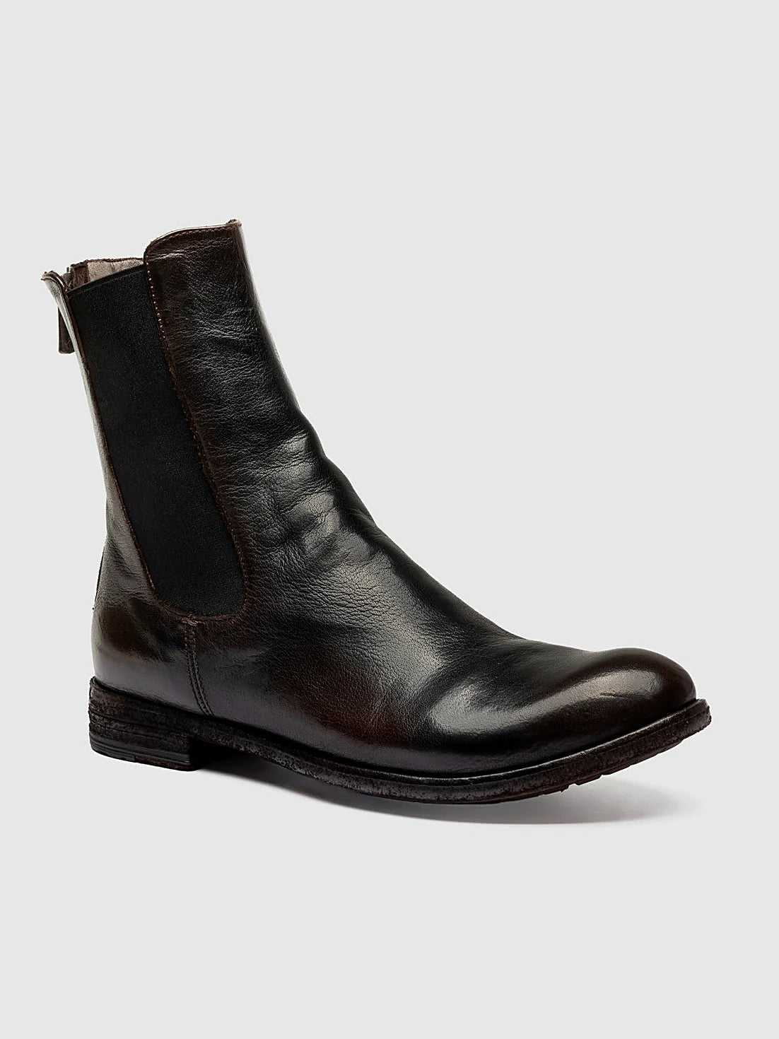 Brown smooth leather seen at an angle showing the toe