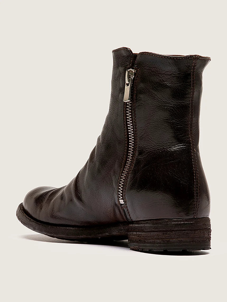 Brown twin zips seen at an angle showing the toe