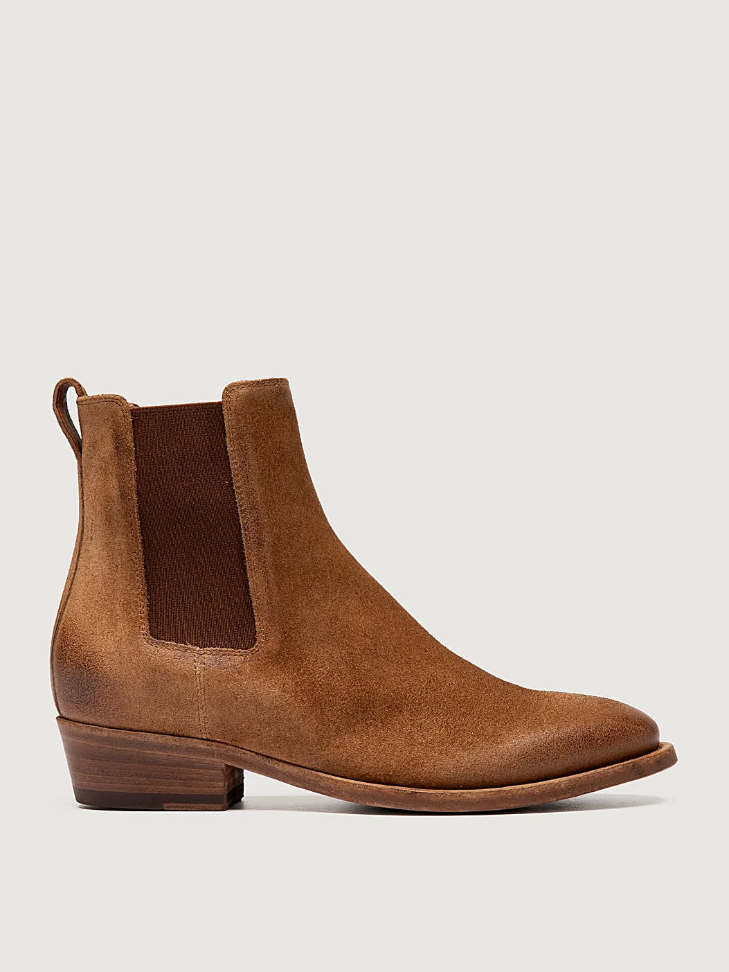 Brown chelsea boots front view showing the shape of the toe