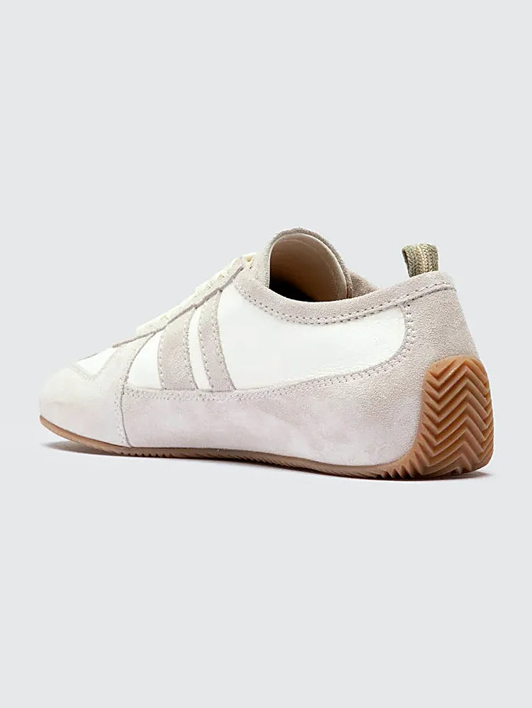 White leather sneakers viewed from above showing the opening