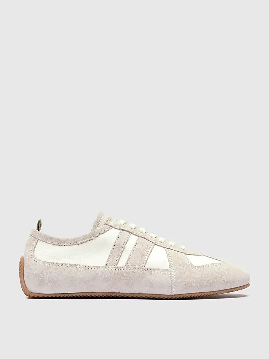 White leather sneakers shown from the side on a plain background